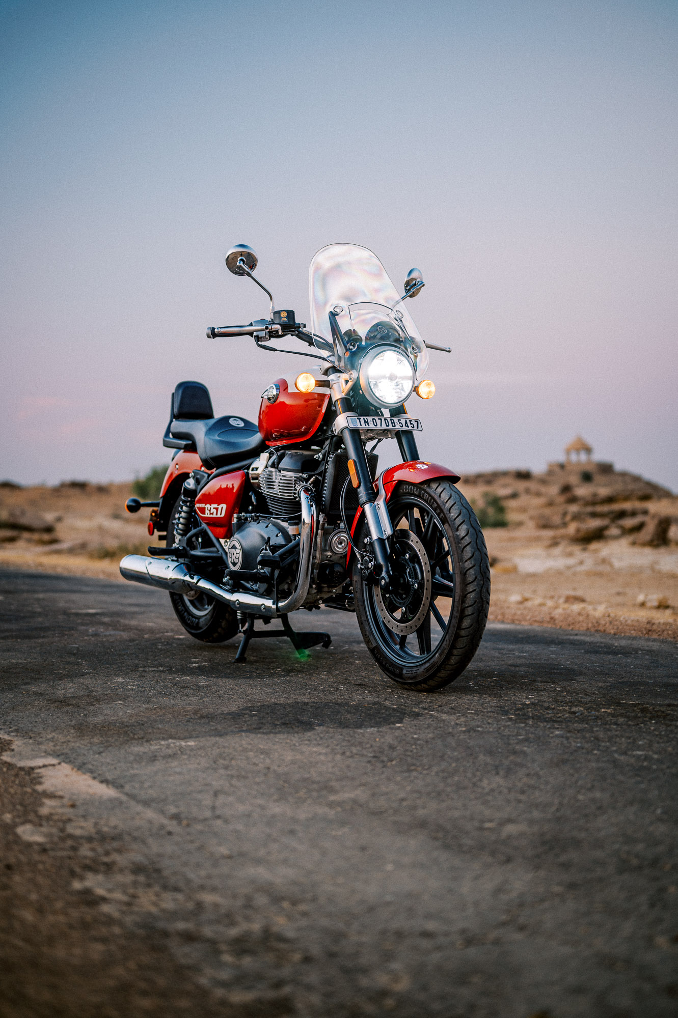 Royal Enfield's 2023 Super Meteor 650 motorcycle on a road near Khaba Fort, Rajasthan, India