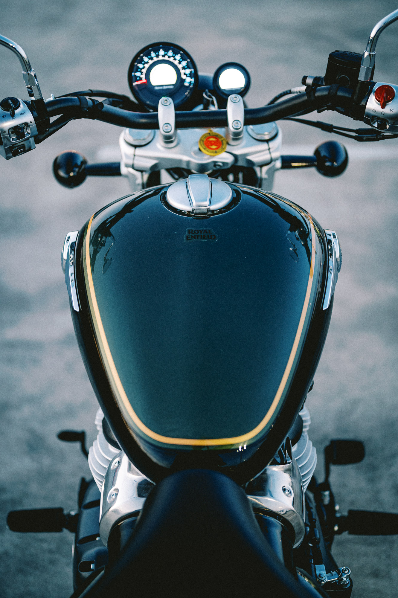 a close-up of Royal Enfield's 2023 Super Meteor 650 motorcycle