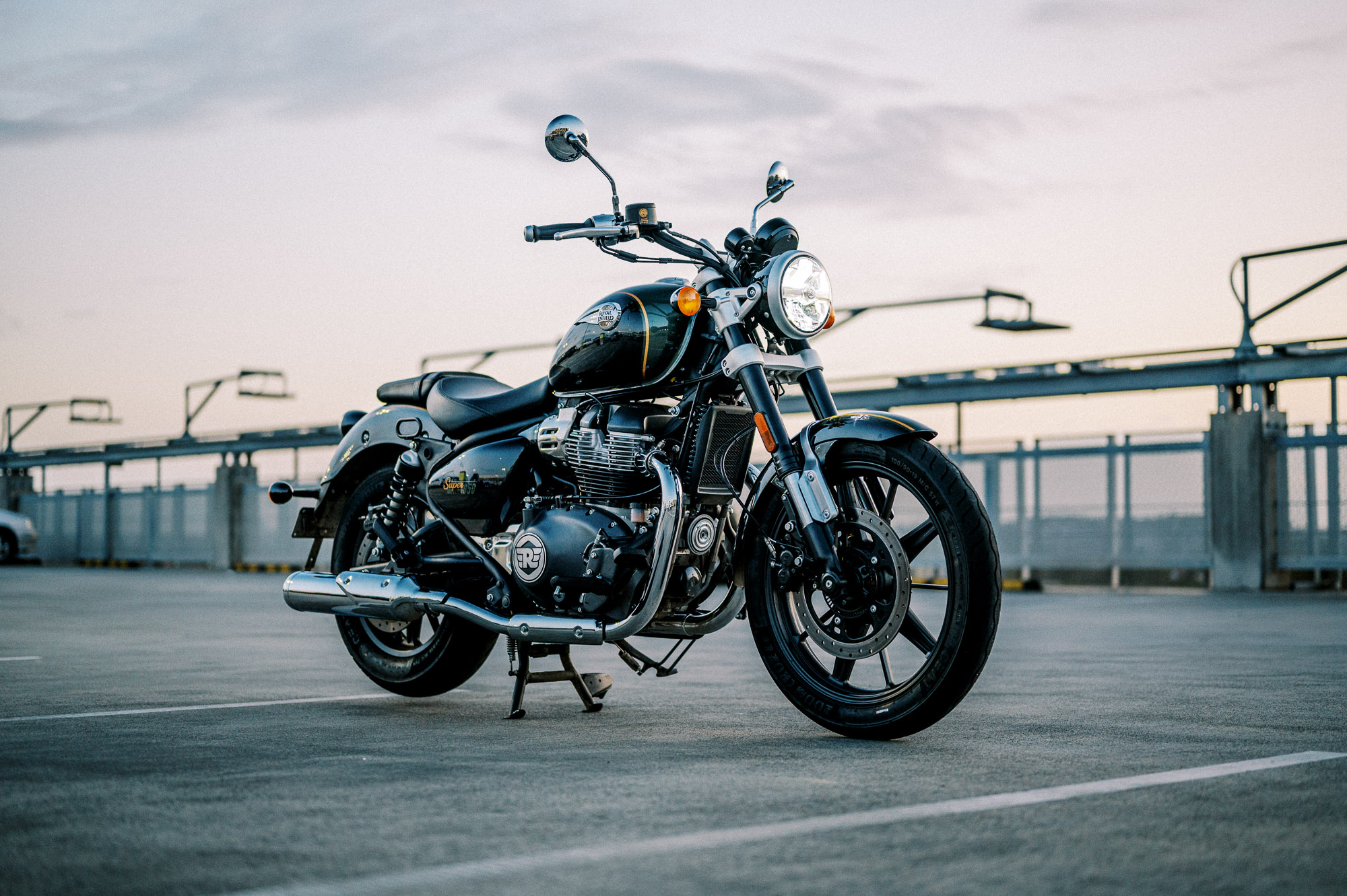 Royal Enfield 2023 Super Meteor 650 motorcycle at Sunset in Sydney