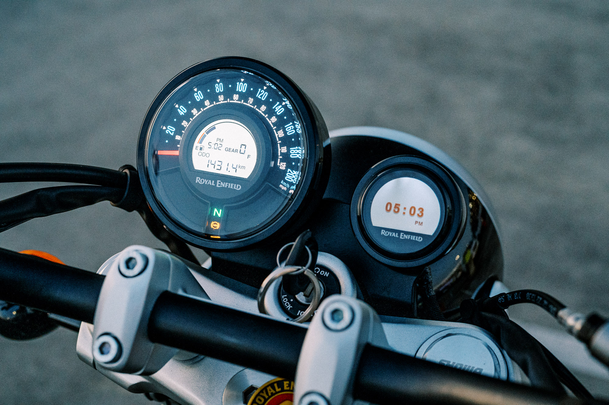 a close-up of Royal Enfield's 2023 Super Meteor 650 motorcycle