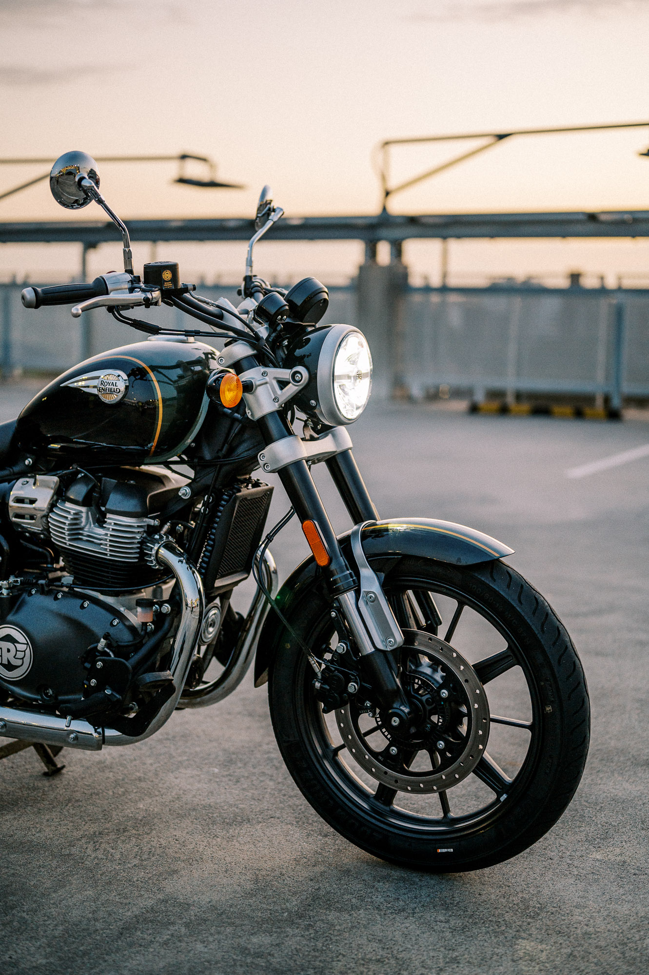 Royal Enfield 2023 Super Meteor 650 motorcycle at Sunset in Sydney