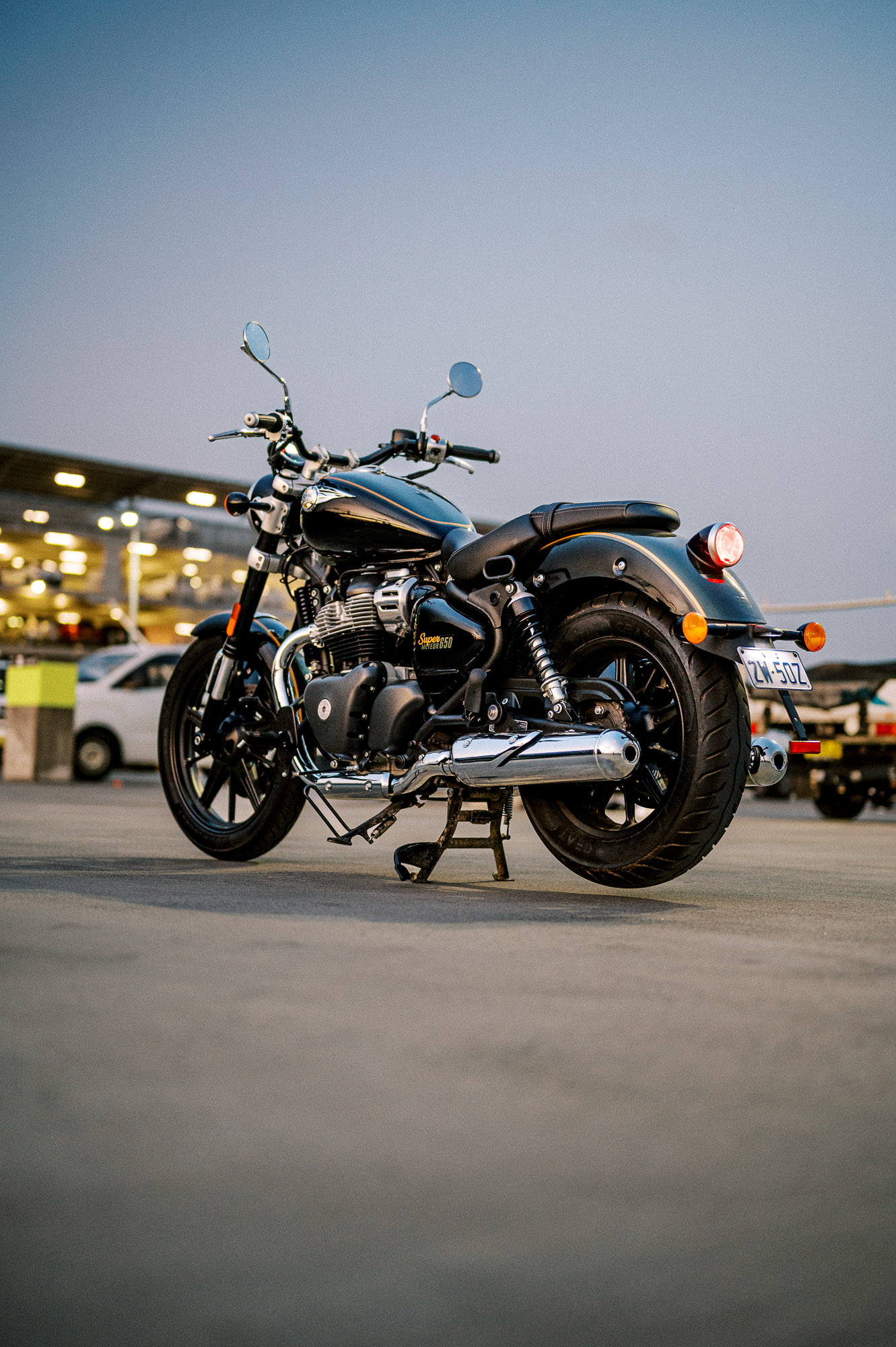 Royal Enfield 2023 Super Meteor 650 motorcycle at Sunset in Sydney