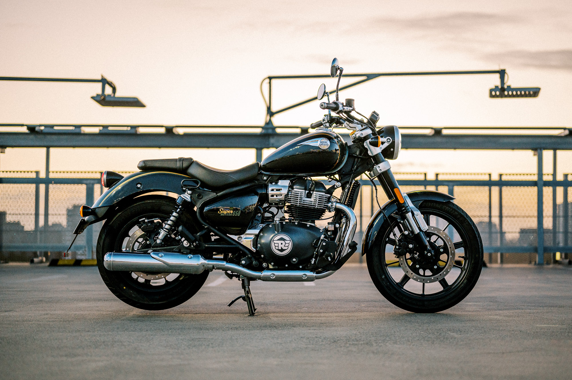 oyal Enfield 2023 Super Meteor 650 motorcycle at Sunset in Sydney