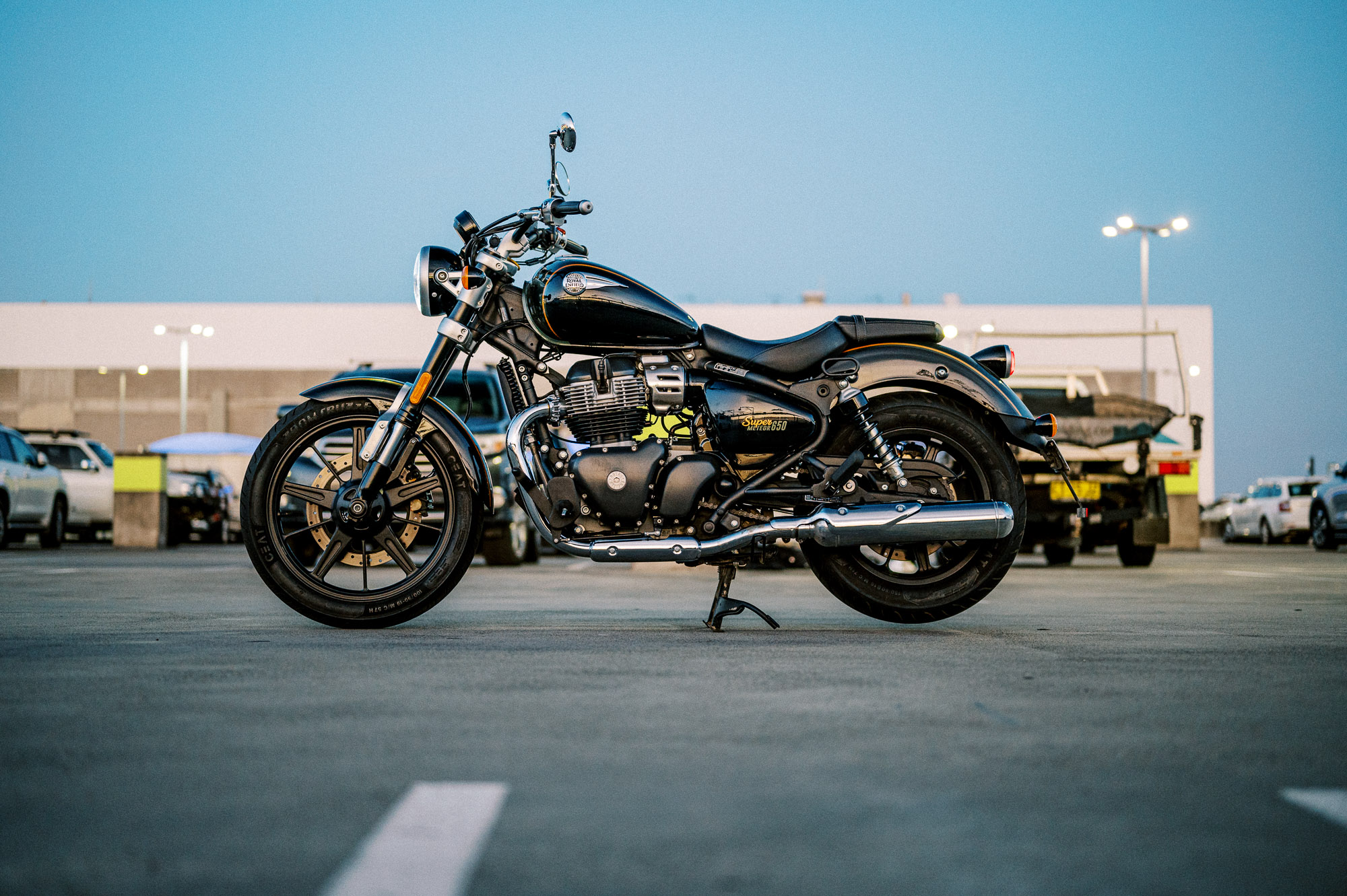 Royal Enfield 2023 Super Meteor 650 motorcycle at Sunset in Sydney