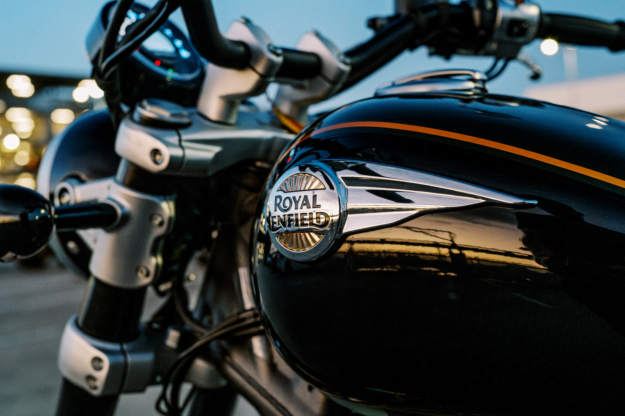 a close-up of Royal Enfield's 2023 Super Meteor 650 motorcycle