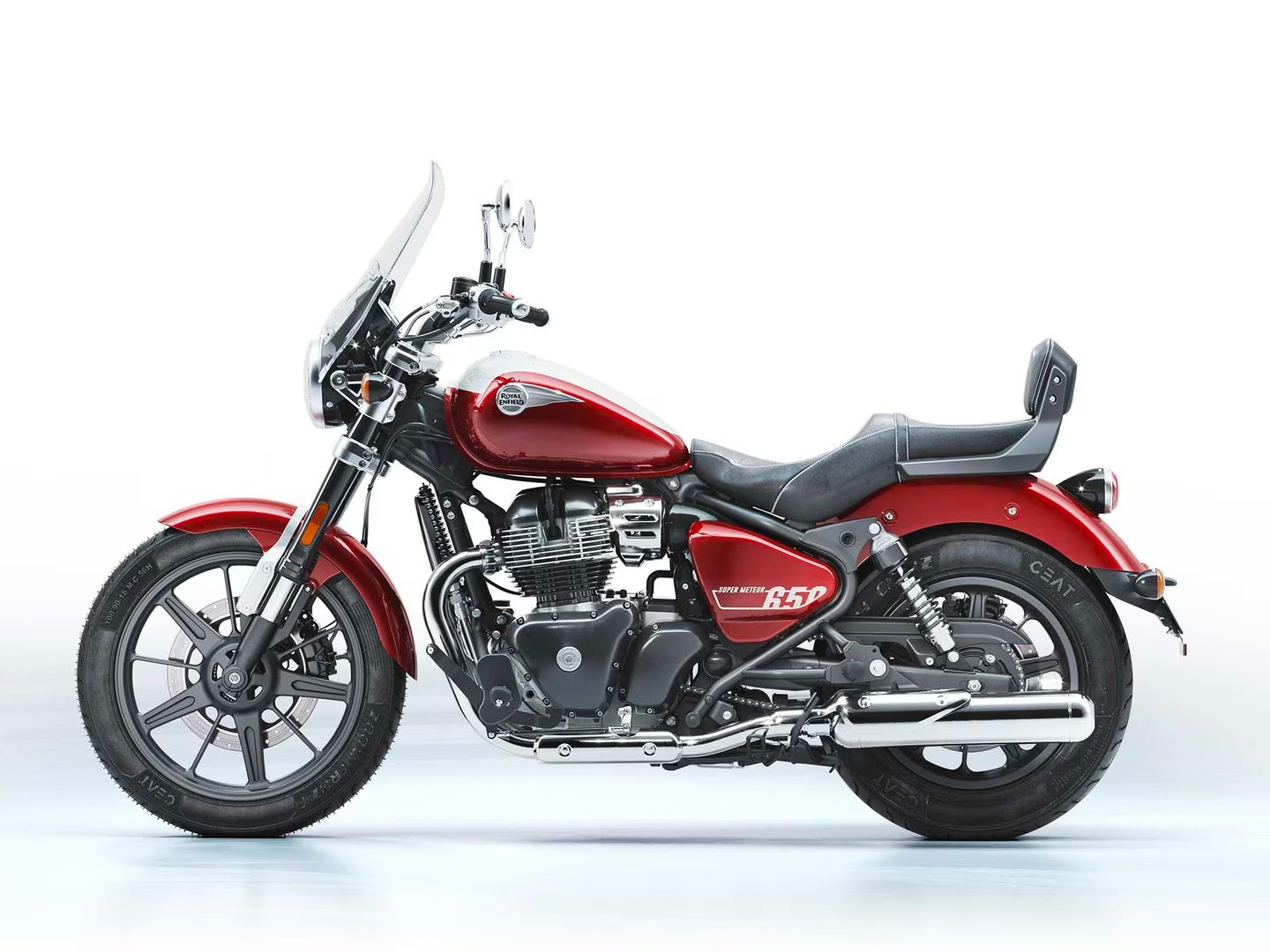 Royal Enfield's 2023 Super Meteor 650 motorcycle on a white background