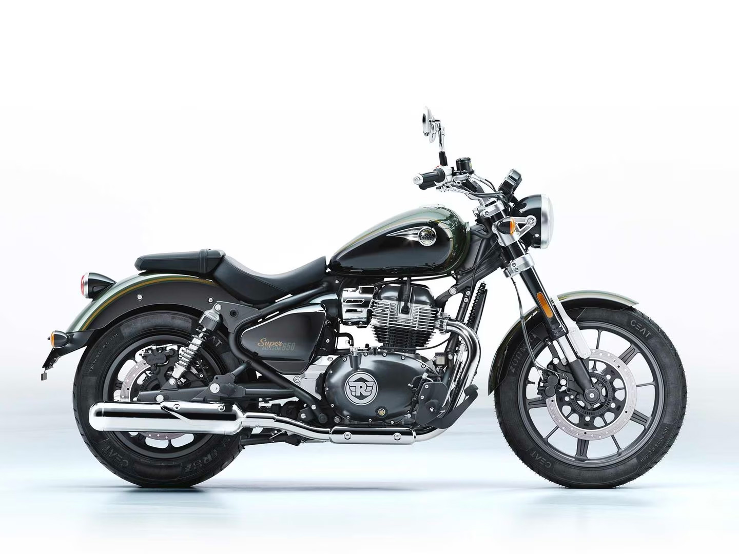 Royal Enfield's 2023 Super Meteor 650 motorcycle on a white background