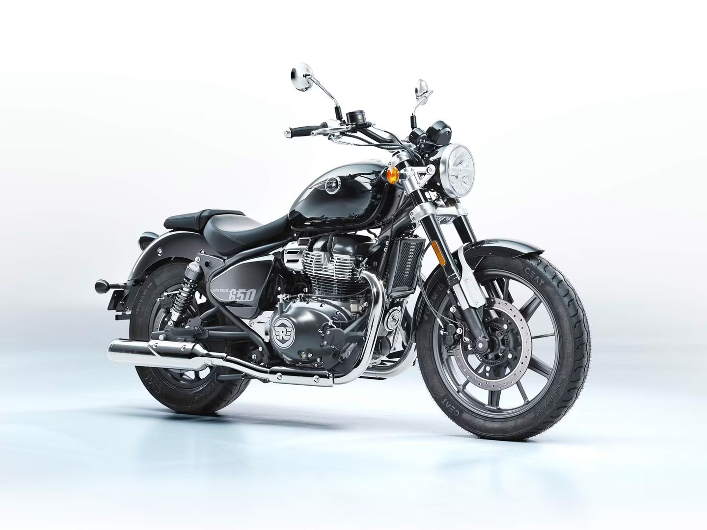 Royal Enfield's 2023 Super Meteor 650 motorcycle on a white background