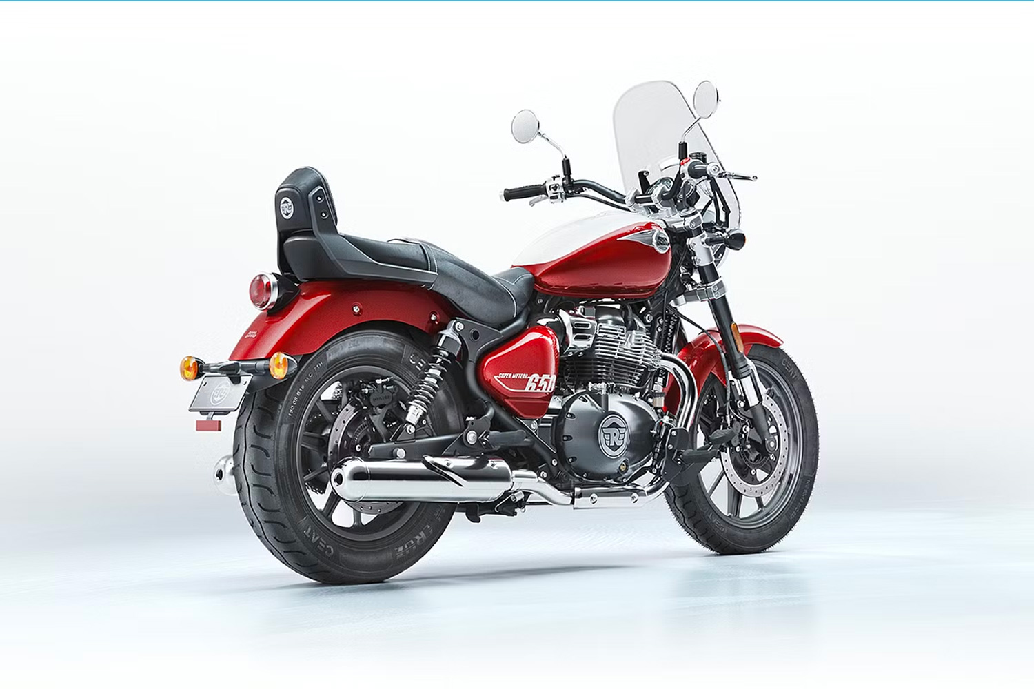 Royal Enfield's 2023 Super Meteor 650 motorcycle on a white background