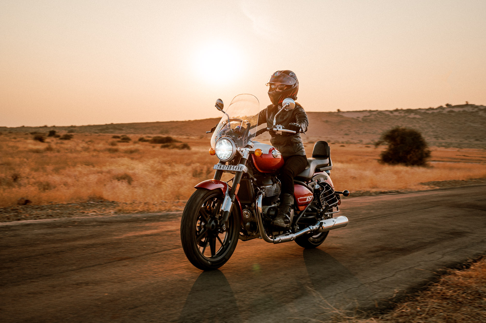 Royal Enfield's 2023 Super Meteor 650 motorcycle on a road near Khaba Fort, Rajasthan, India