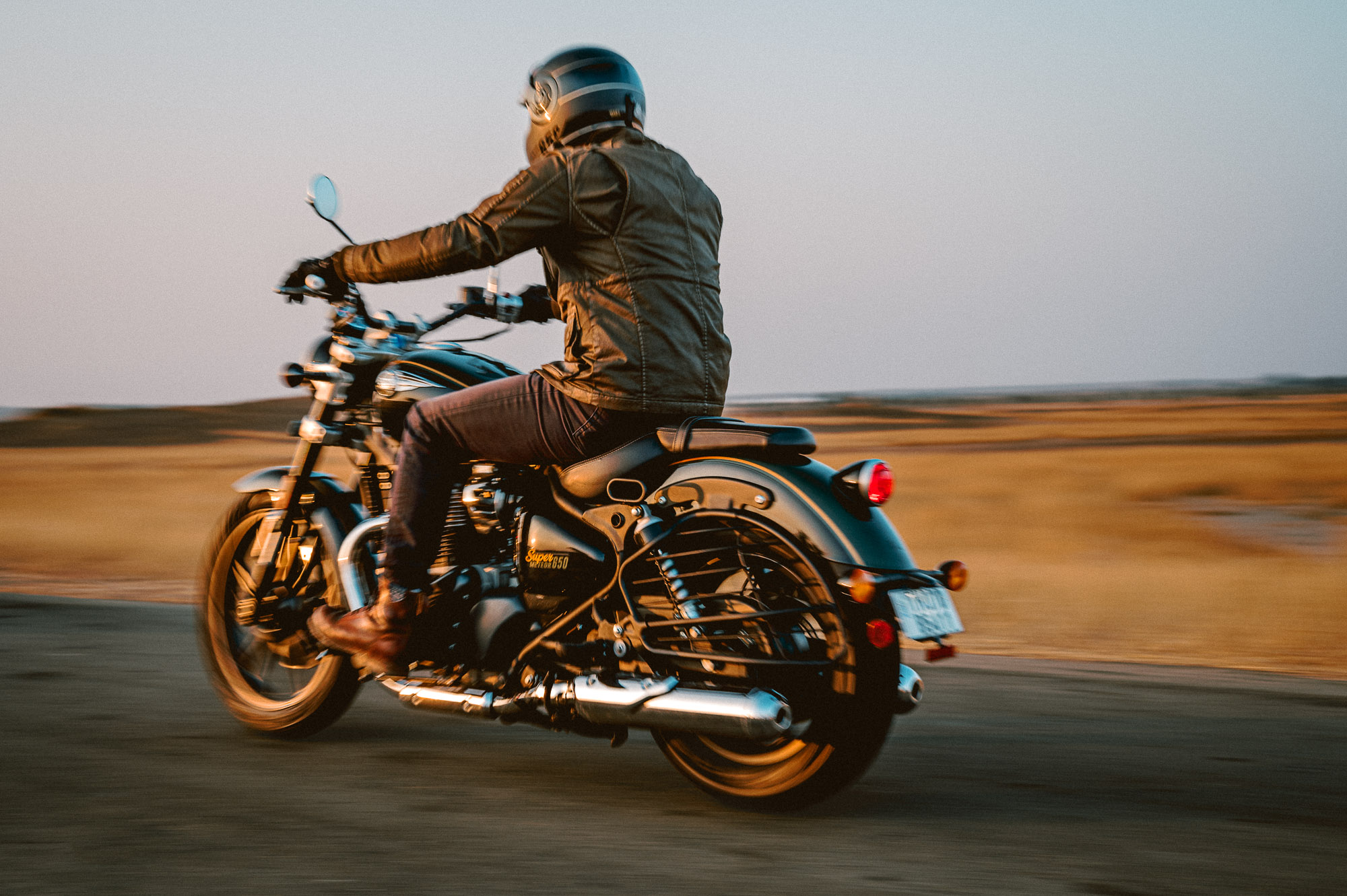 Royal Enfield's 2023 Super Meteor 650 motorcycle on a road near Khaba Fort, Rajasthan, India