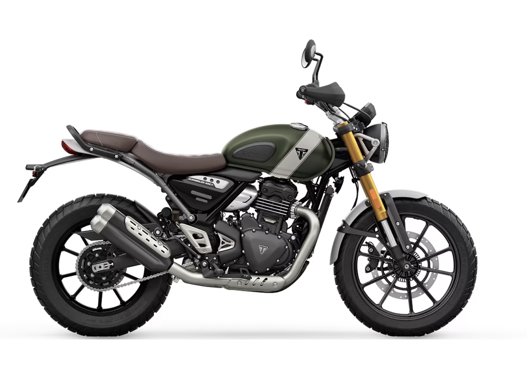 A prime view of Triumph's new Scrambler 400 X. Media sourced from Triumph.