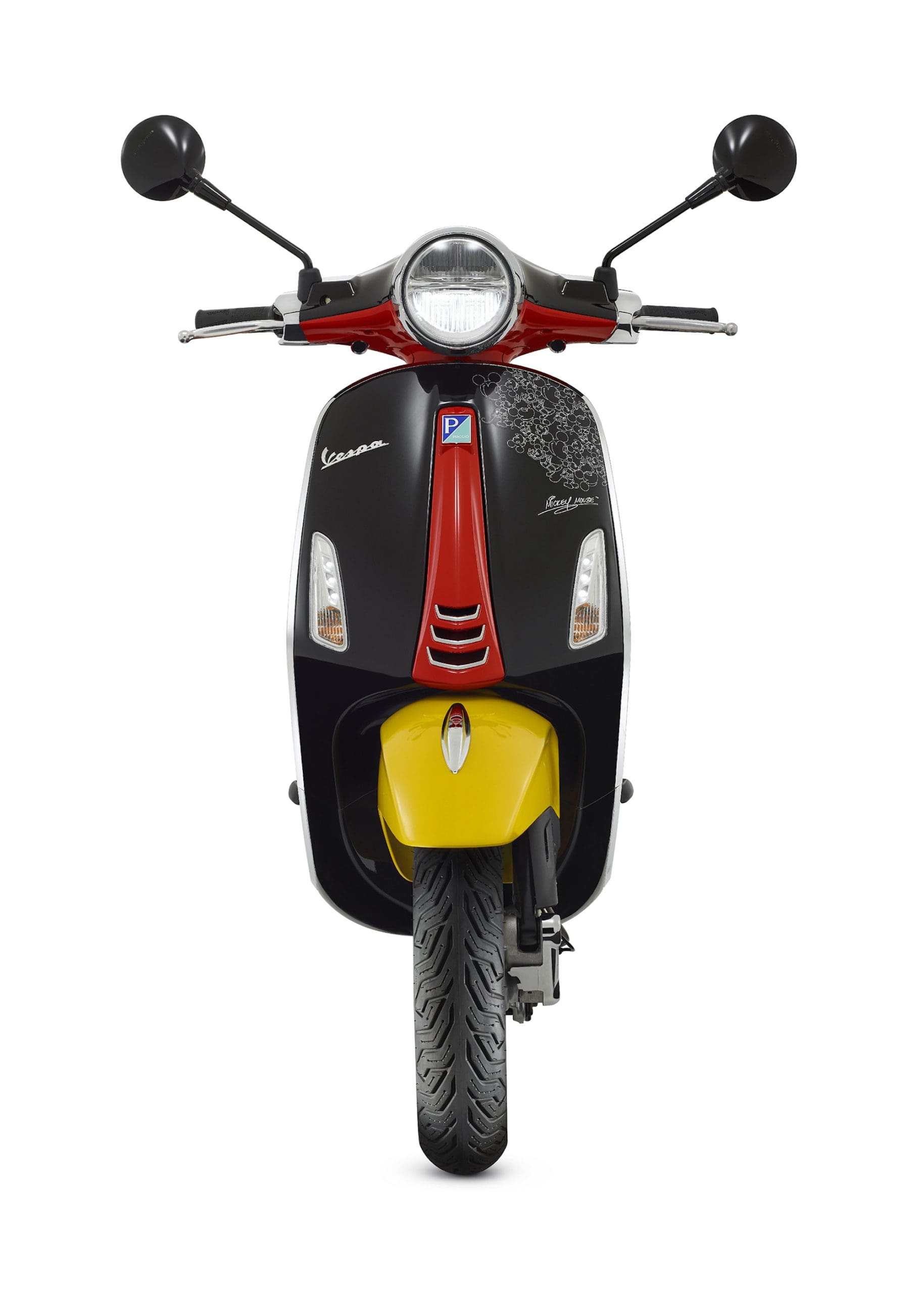Vespa's 2023 Disney Mickey Mouse Edition scooter, built upon the brand's Primavera model. Media sourced from Piaggio's recent press release.