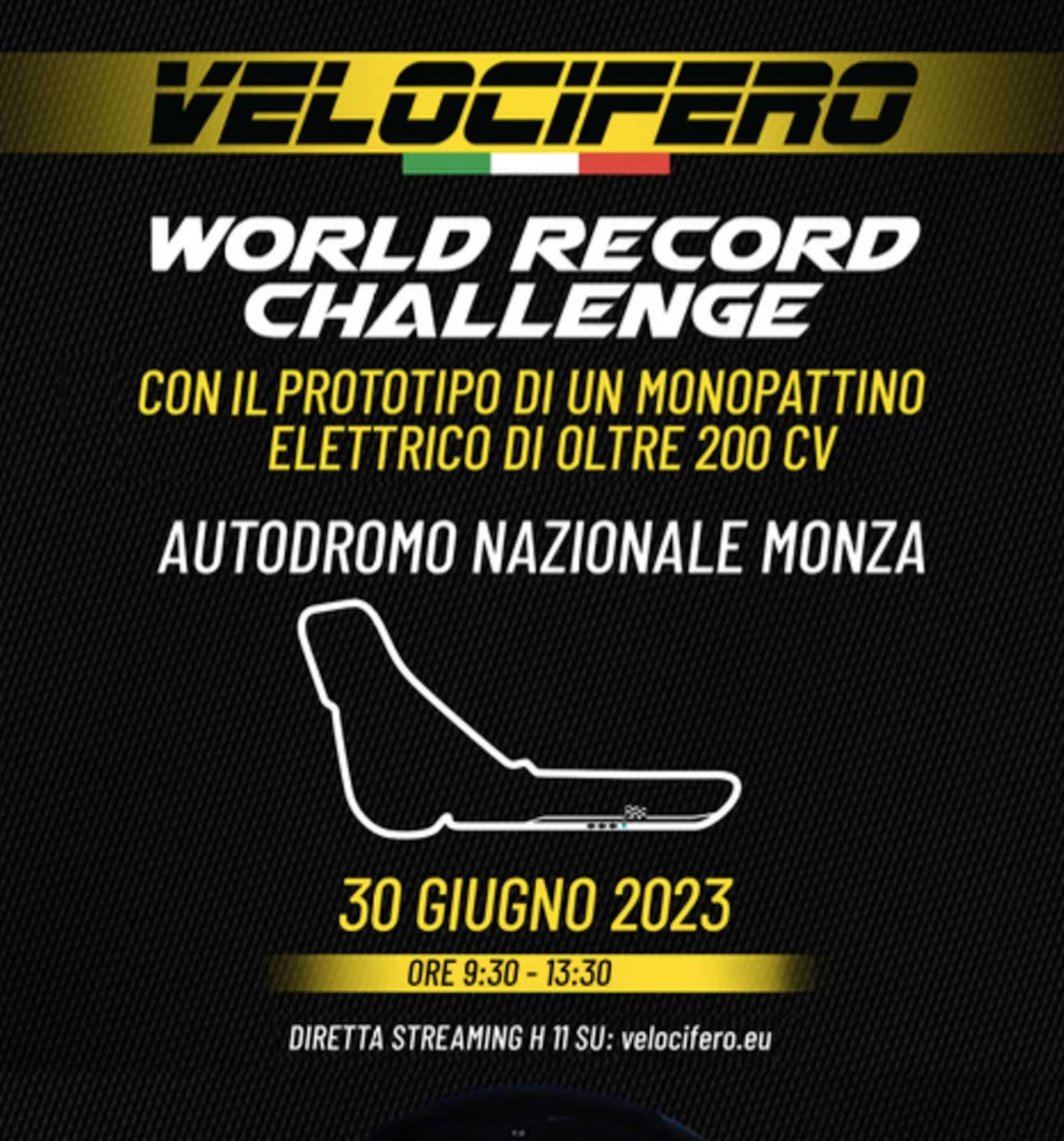 Velocifero's poster showing the day, date and time of the upcoming world speed record attempt. Media sourced from Velocifero's website.