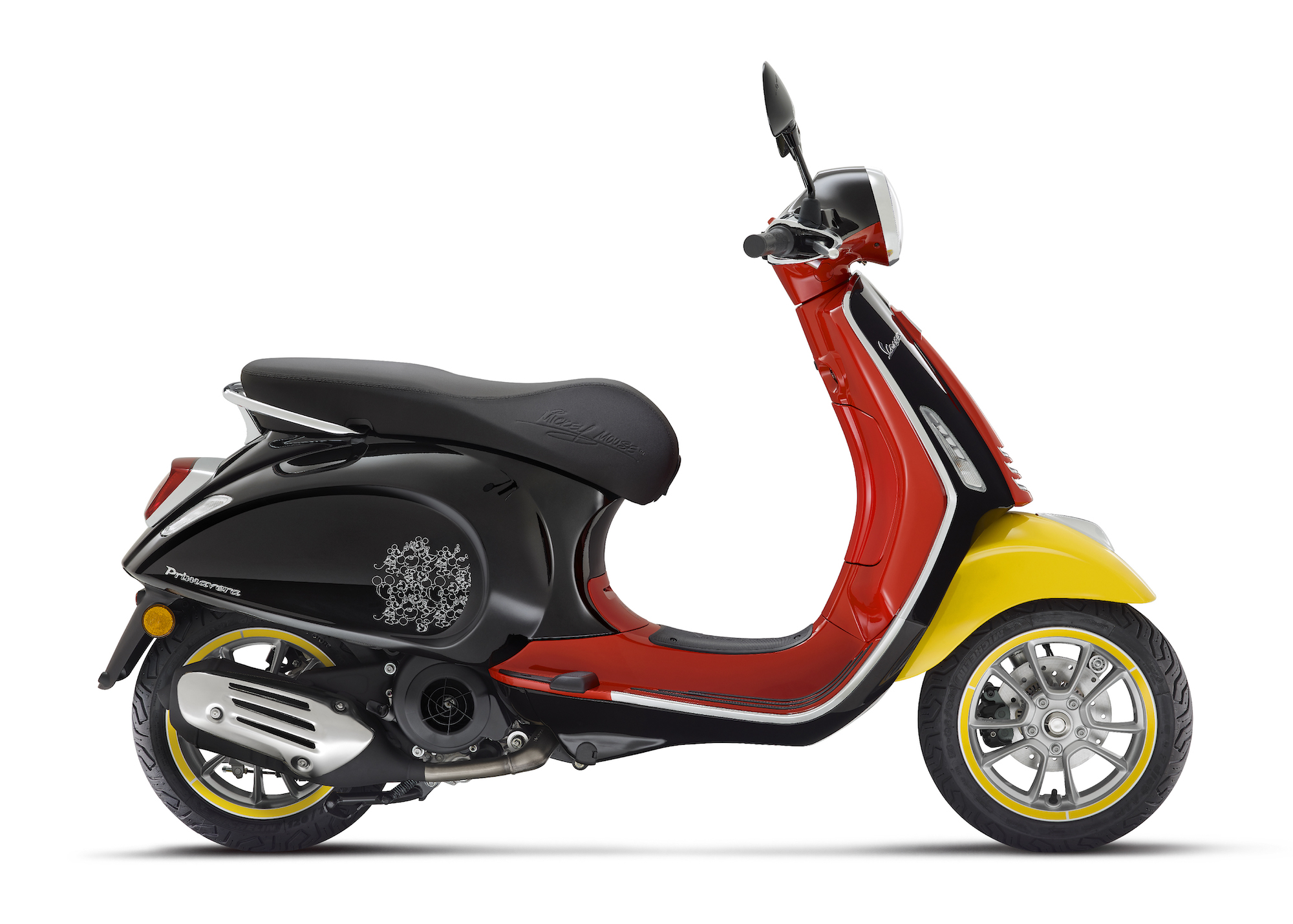 Vespa's 2023 Disney Mickey Mouse Edition scooter, built upon the brand's Primavera model. Media sourced from Piaggio's recent press release.