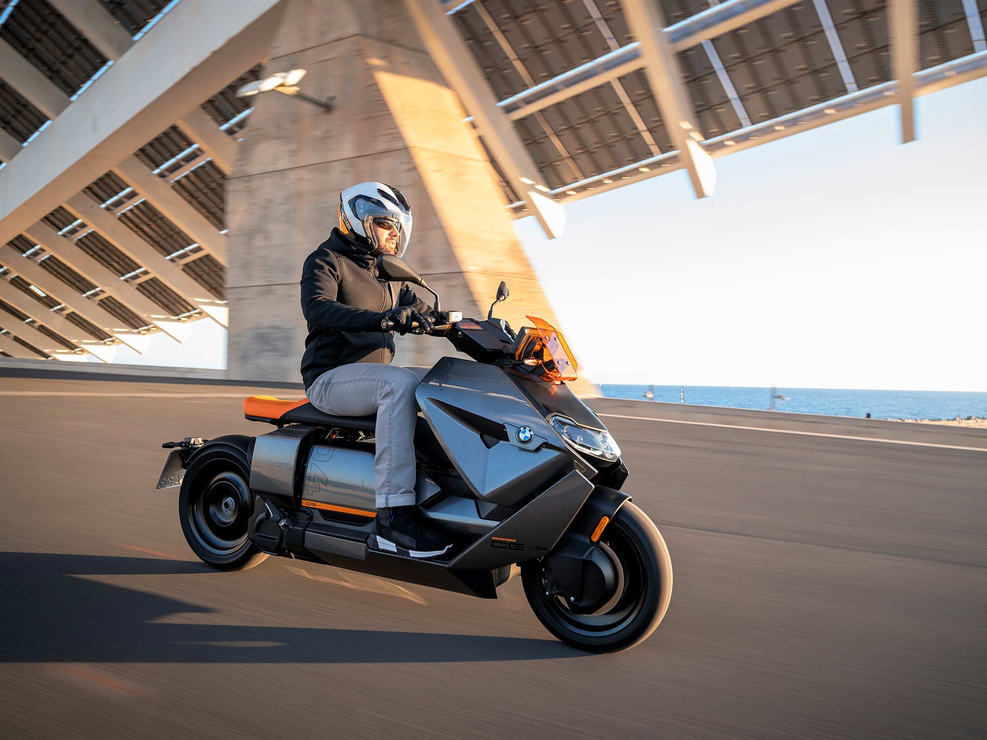 A view of BMW's electric scooter, the CE 04. Media sourced from Cycle World.