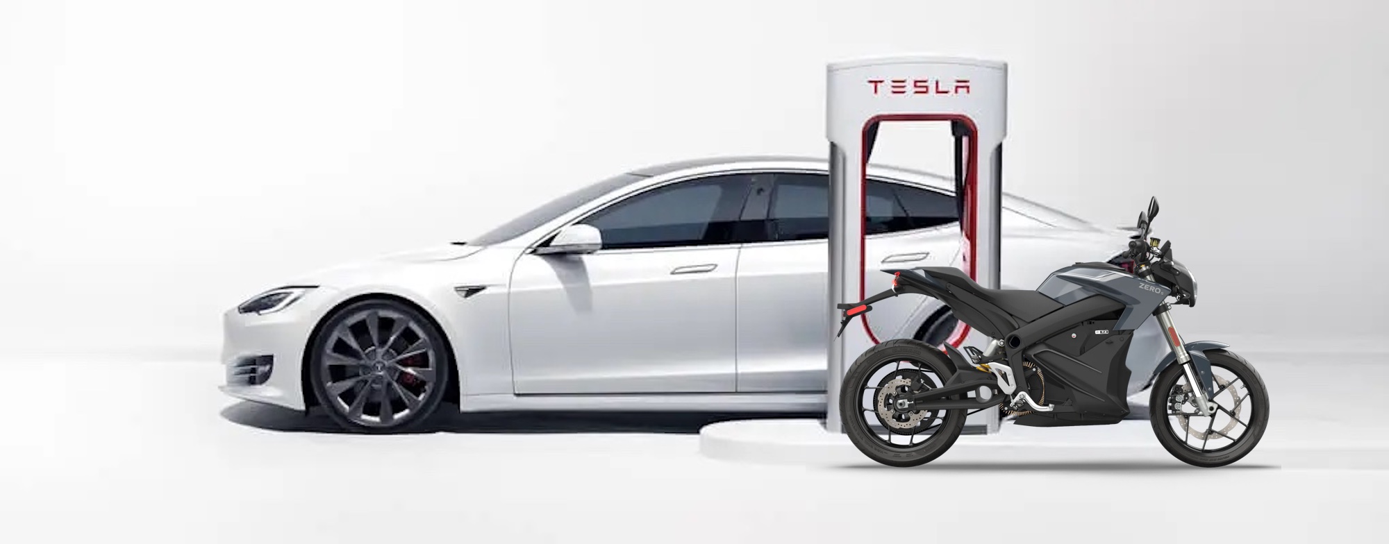 A Zero motorcycle next to a Tesla Supercharger station. Media sourced from Zero Motorcycles and Solar Reviews.