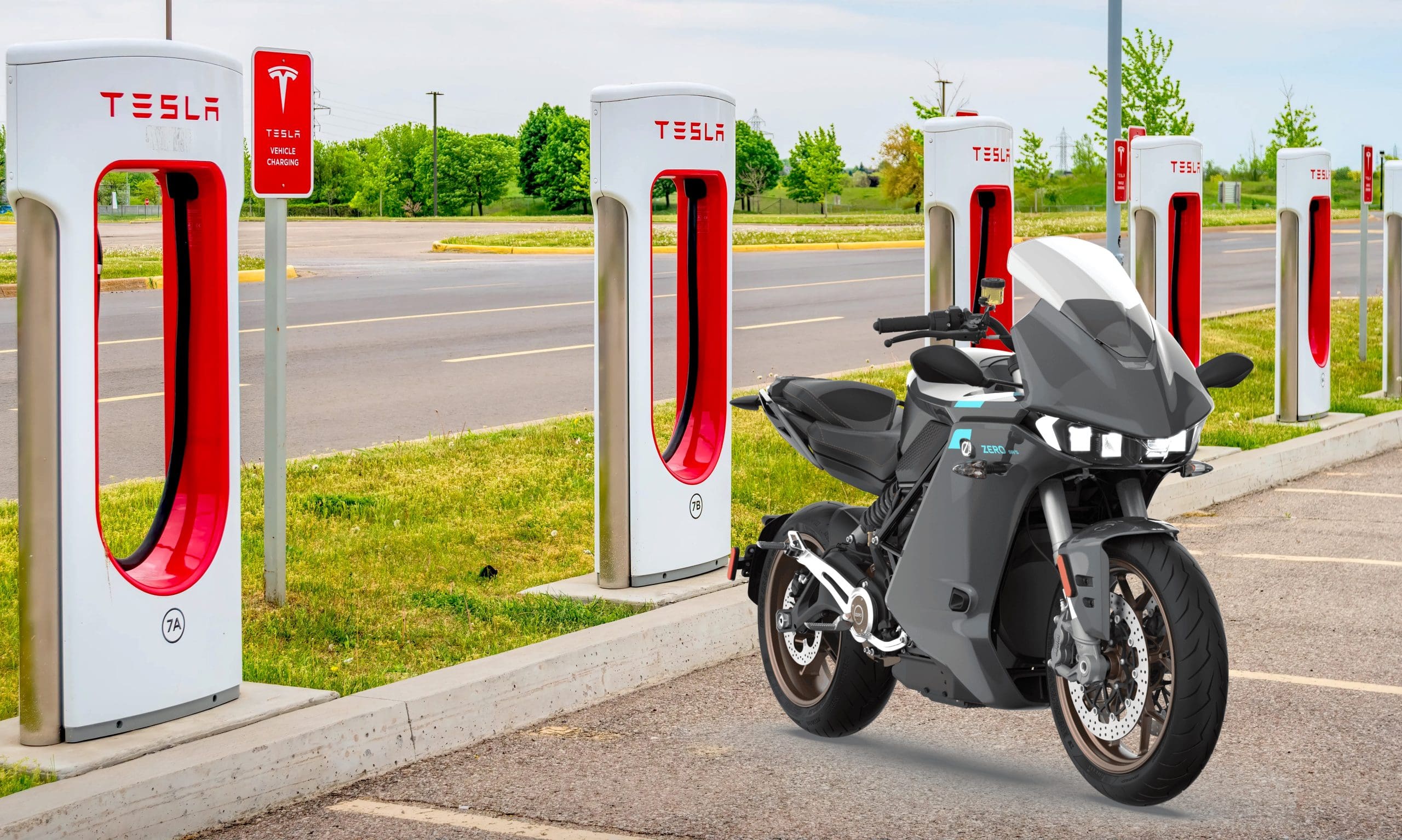A Zero motorcycle next to a Tesla charging station. Media sourced from Zero Motorcycles and Seeking Alpha. 