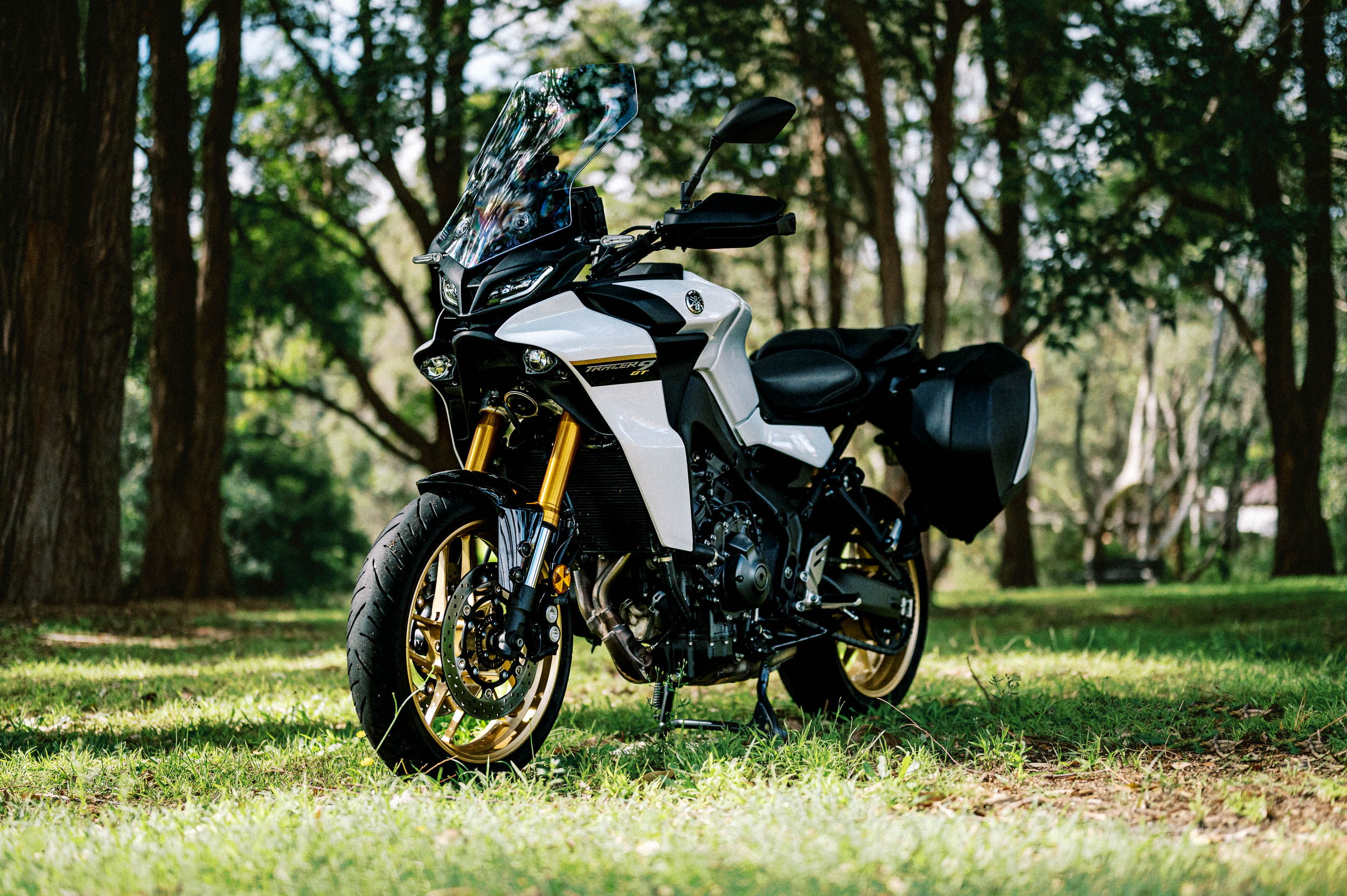 A detail shot of a 2023 Yamaha Tracer 9 GT Motorcycle in a Sydney Park