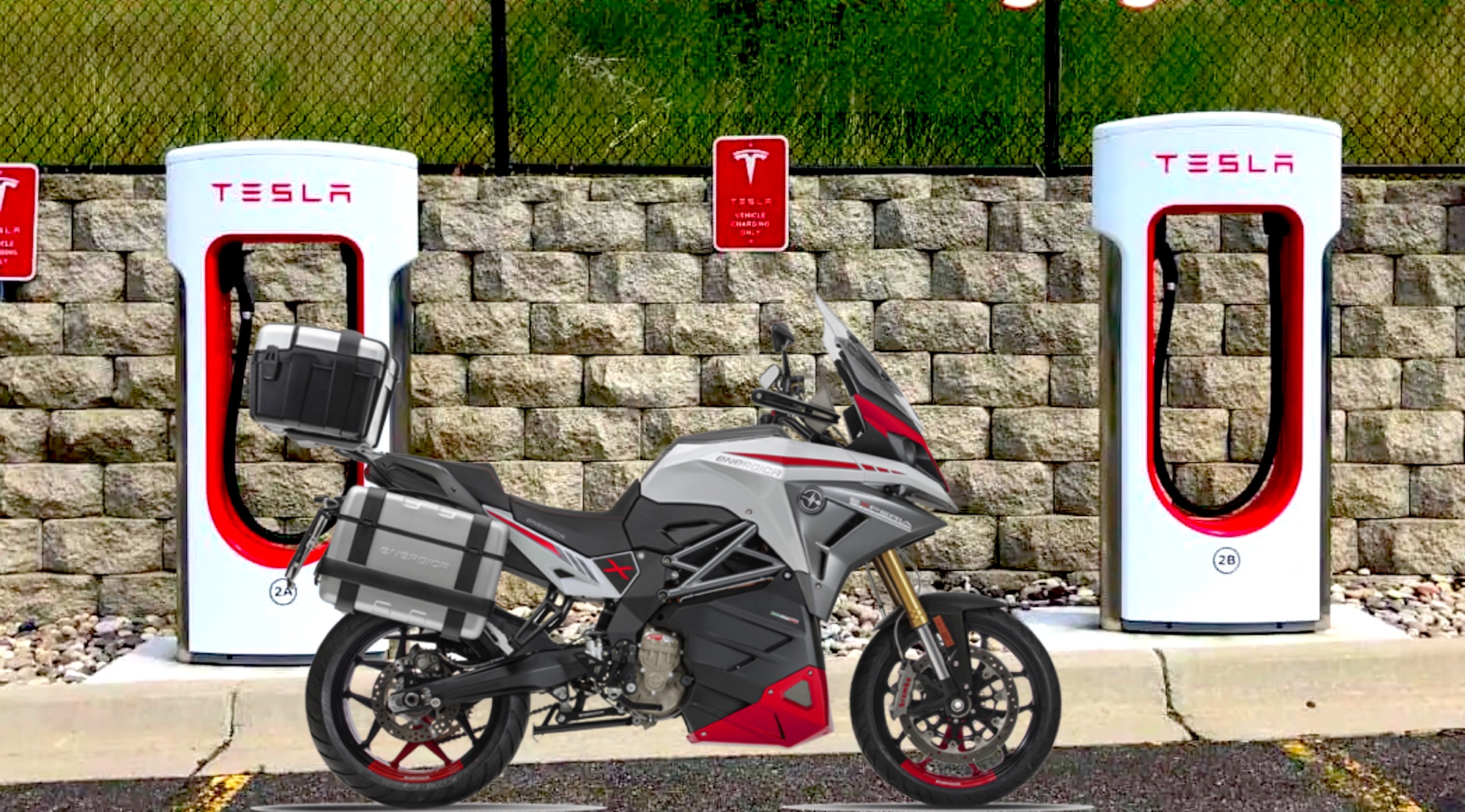 An Energica Experia next to a pair of Tesla charging stations. Media sourced from Energica and Vehicle Pro.