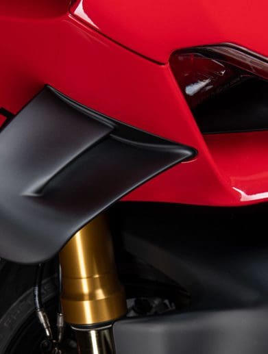 a detail shot of winglets on a Ducati Panigale Motorcycle