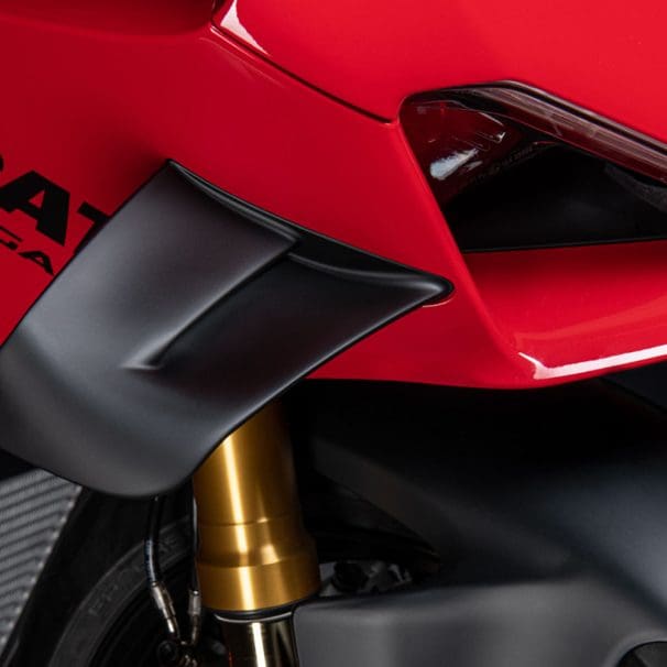 a detail shot of winglets on a Ducati Panigale Motorcycle