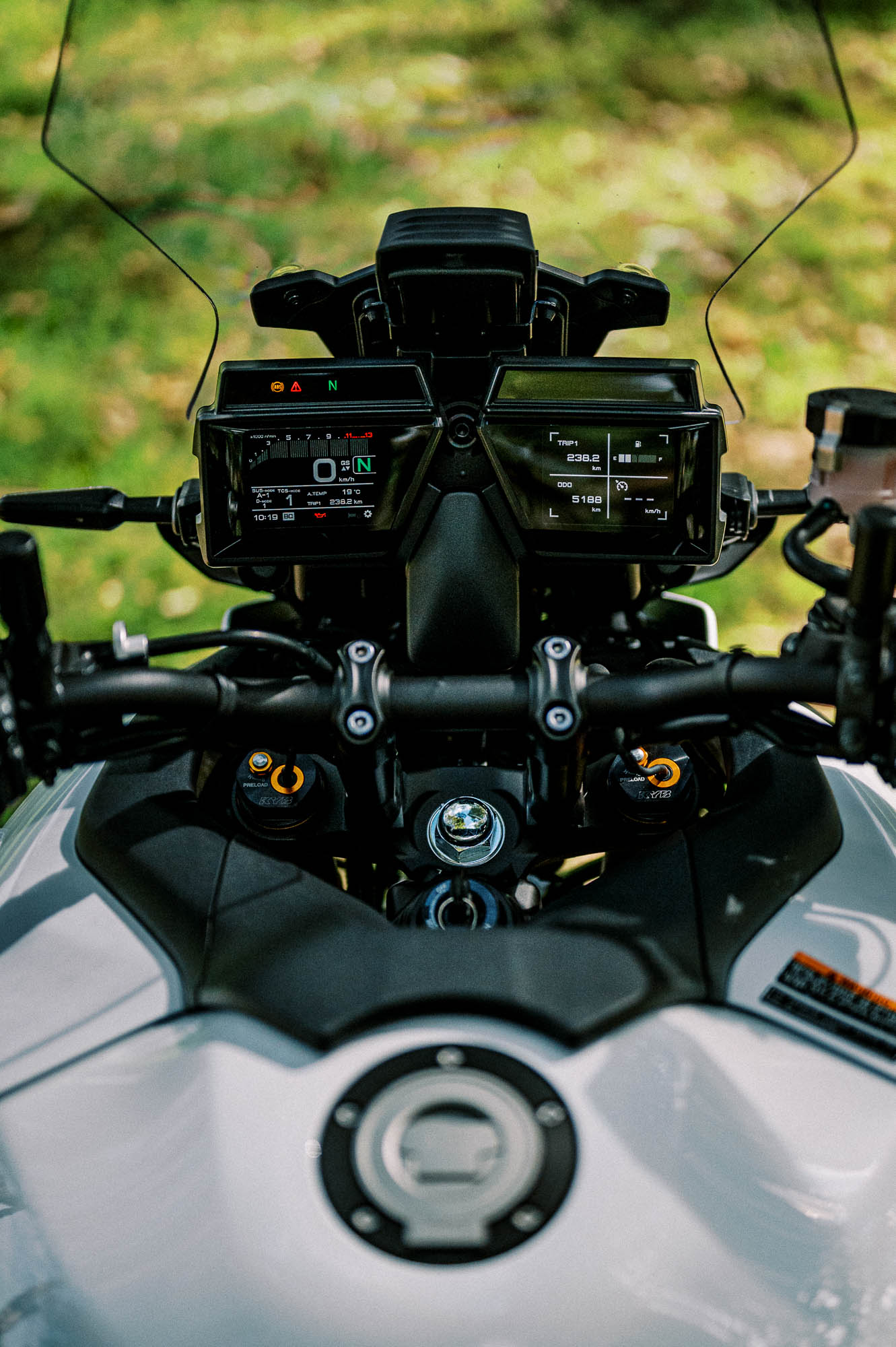 A detail shot of a 2023 Yamaha Tracer 9 GT Motorcycle in a Sydney Park