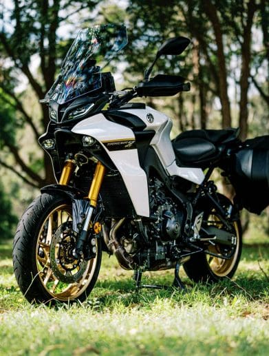 A 2023 Yamaha Tracer 9 GT Motorcycle in a Sydney Park