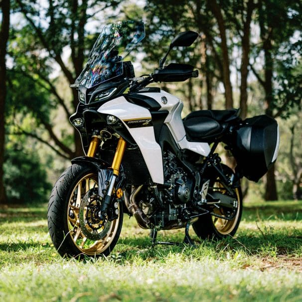 A 2023 Yamaha Tracer 9 GT Motorcycle in a Sydney Park