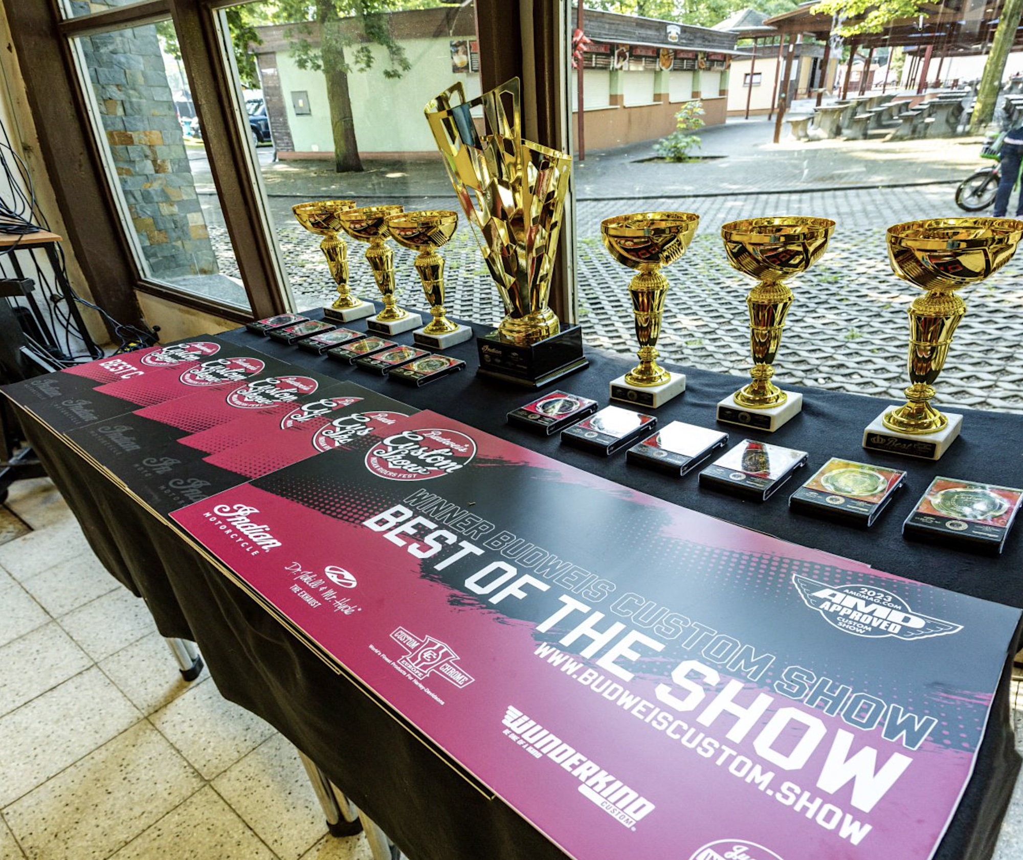 A view of the trophies won at 2023's Budweis Custom Motorcycle Show. Media sourced from Indian Motorcycles.