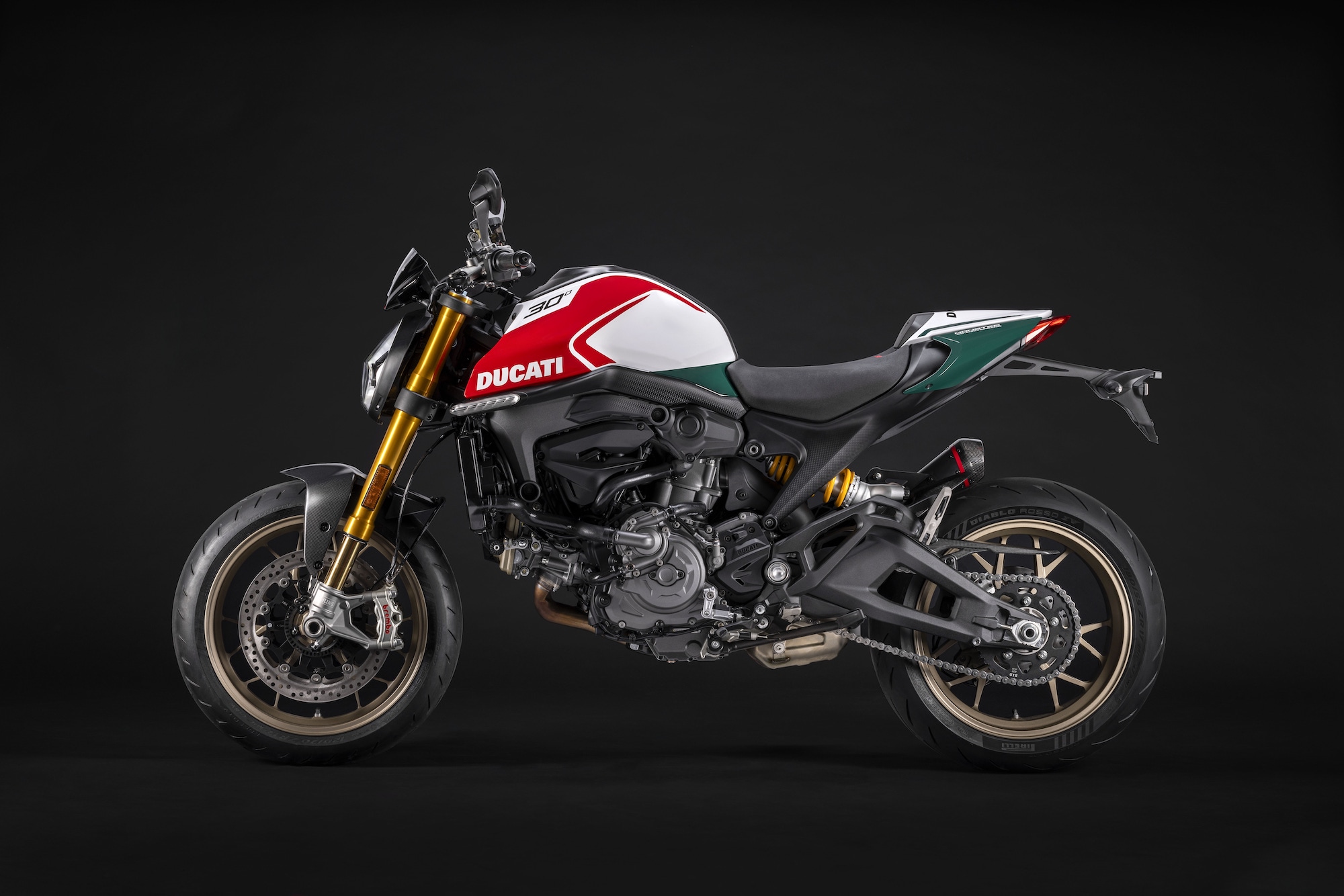 A view of Ducati's all-new 2024 Monster 30th Anniversary. Media sourced from Ducati.