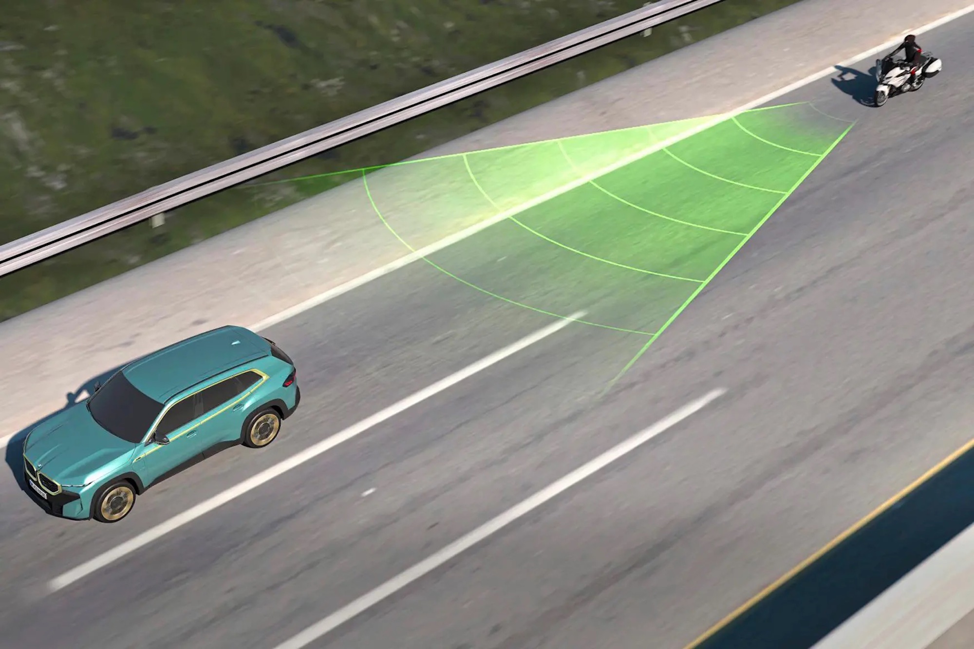 A view of a bike showing off what frontal collision warning would look like with a forward-facing radar. Media sourced from MCN.