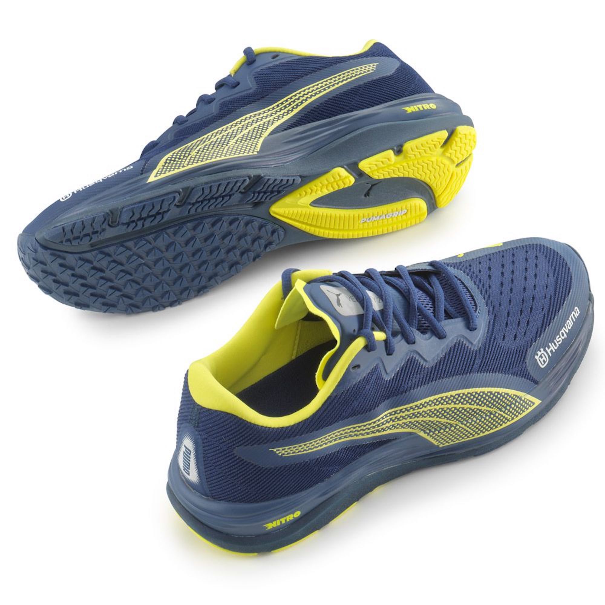 A view of the PUMA Nitro 2 running shoes, currently carrying a Husqvarna scheme. Available at select participating dealerships. Media sourced from Husqvarna.