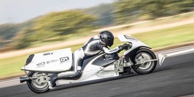 A view of Graham Sykes' "Force of Nature," currently the record holder for "World's Fastest Steam-Propelled Motorcycle." Media sourced from This Is Gizmodo Australia.