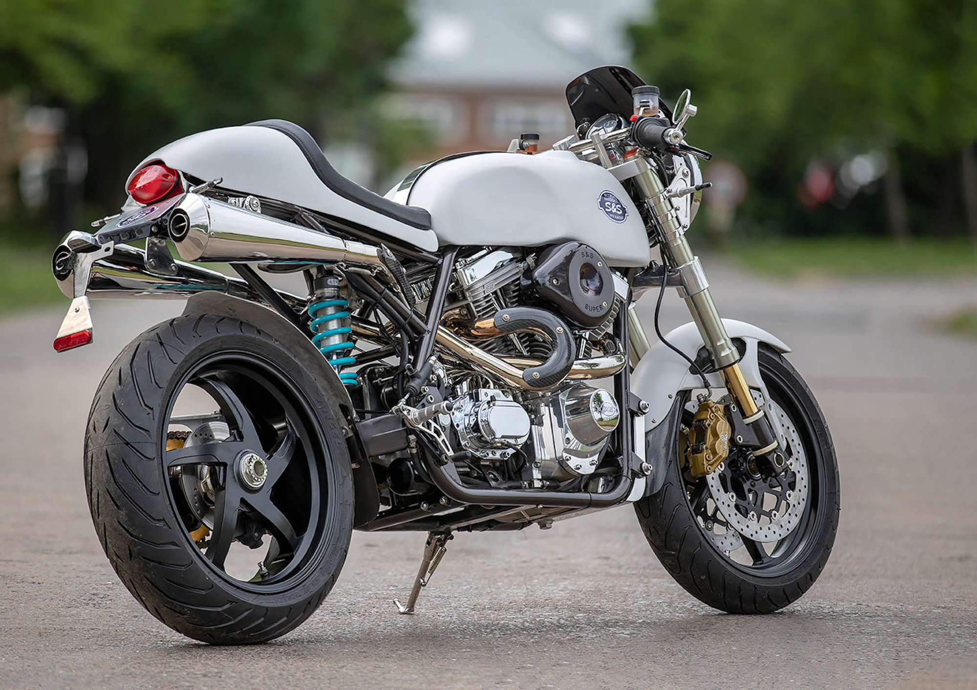 A custom café racer from the shop of S&S Cycles. Media sourced from BikeEXIF, with images given by Del Hickey.