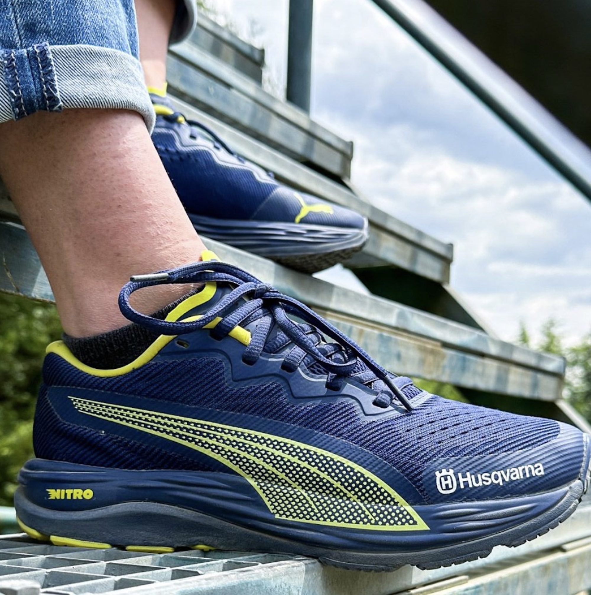 A view of the PUMA Nitro 2 running shoes, currently carrying a Husqvarna scheme. Available at select participating dealerships. Media sourced from Husqvarna.