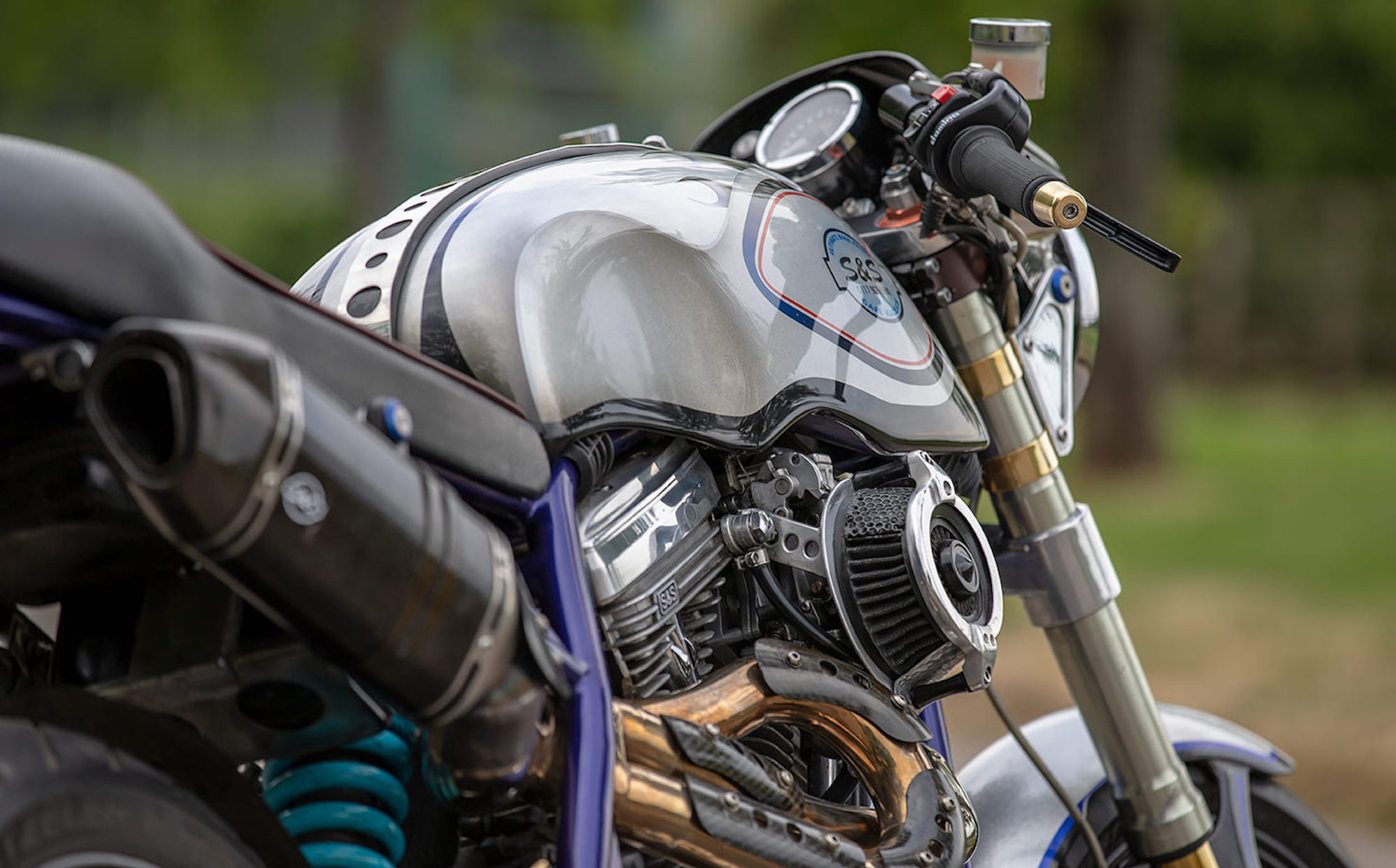 A custom café racer from the shop of S&S Cycles. Media sourced from BikeEXIF, with images given by Del Hickey.