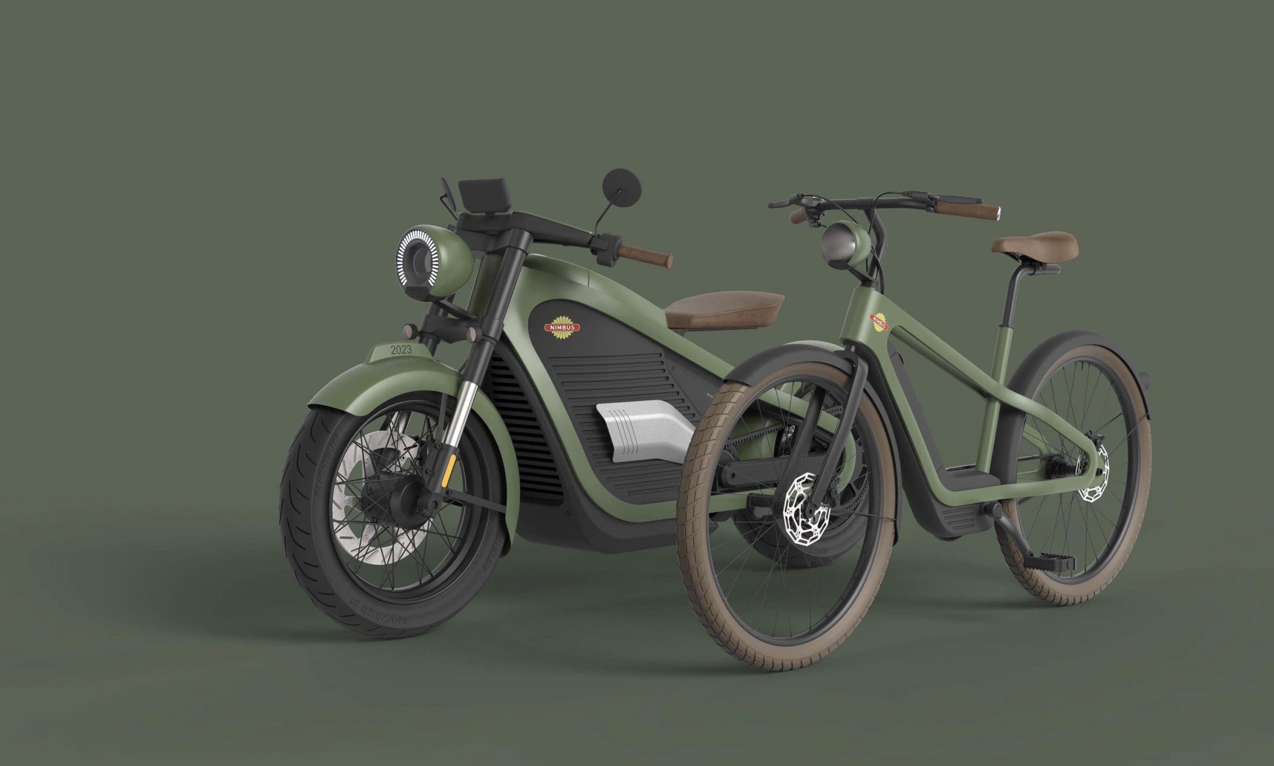 A view of Nimbus Motorcycles' One next to their incubating electric bicycle. Media sourced from Nimbus.