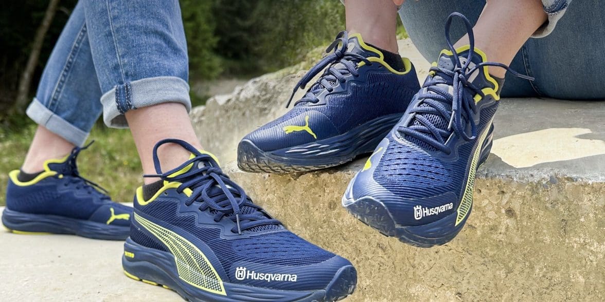 A view of the PUMA Nitro 2 running shoes, currently carrying a Husqvarna scheme. Available at select participating dealerships. Media sourced from Husqvarna.