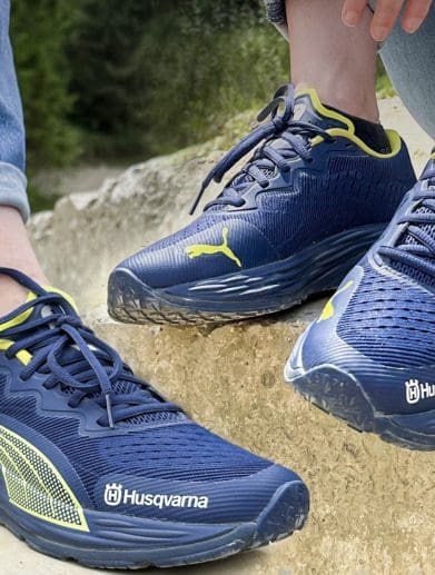 A view of the PUMA Nitro 2 running shoes, currently carrying a Husqvarna scheme. Available at select participating dealerships. Media sourced from Husqvarna.