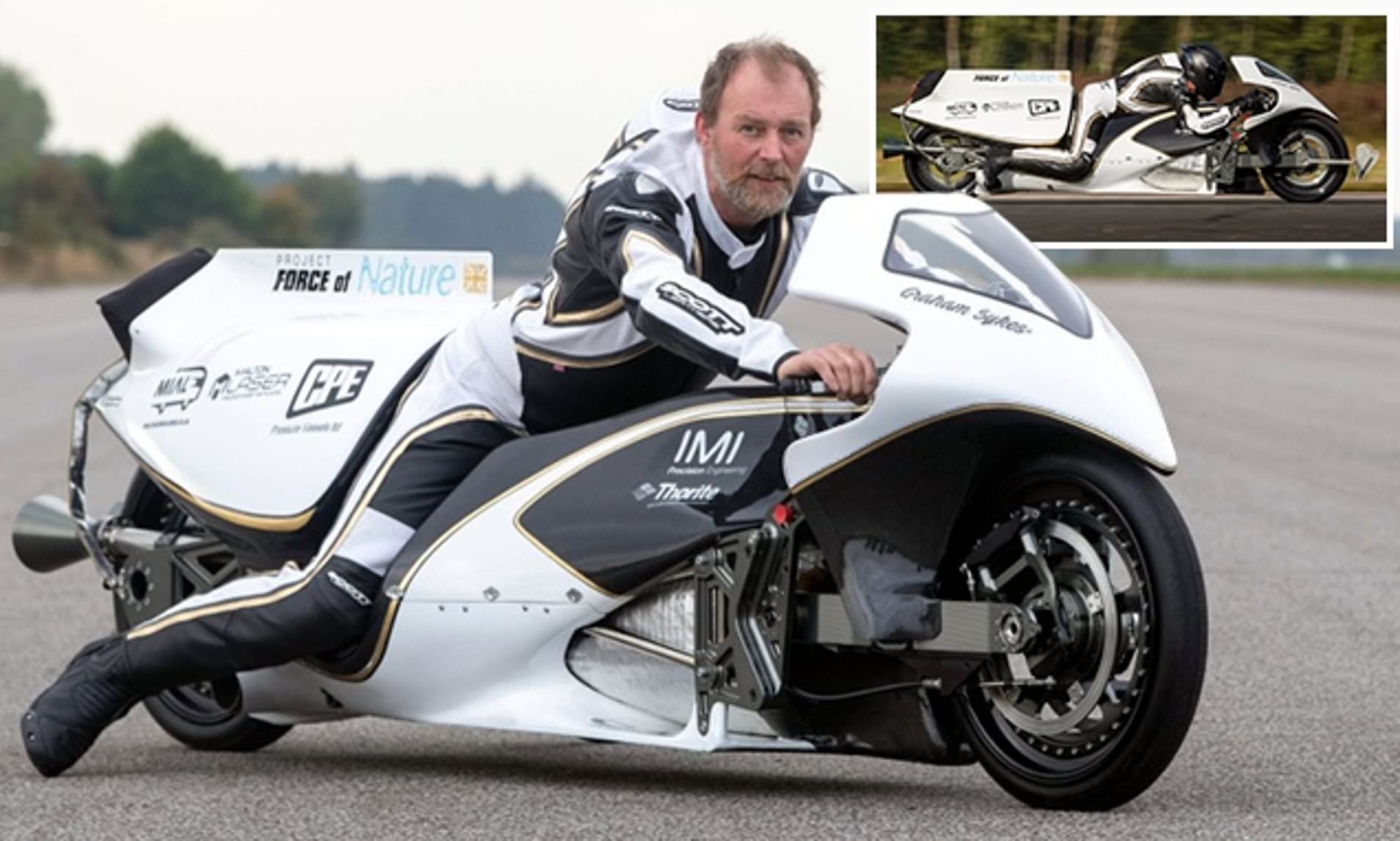 A view of Graham Sykes on his "Force of Nature," currently the record holder for "World's Fastest Steam-Propelled Motorcycle." Media sourced from This Is Money.