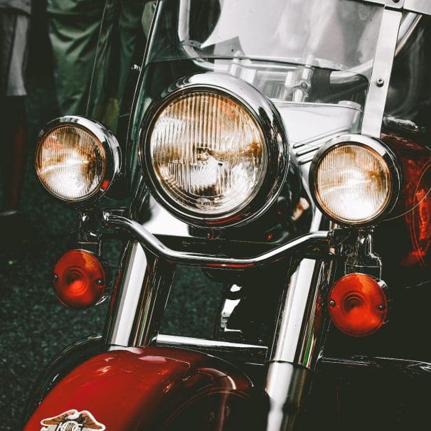 a motorcycle with hardwired headlight and daytime running lights