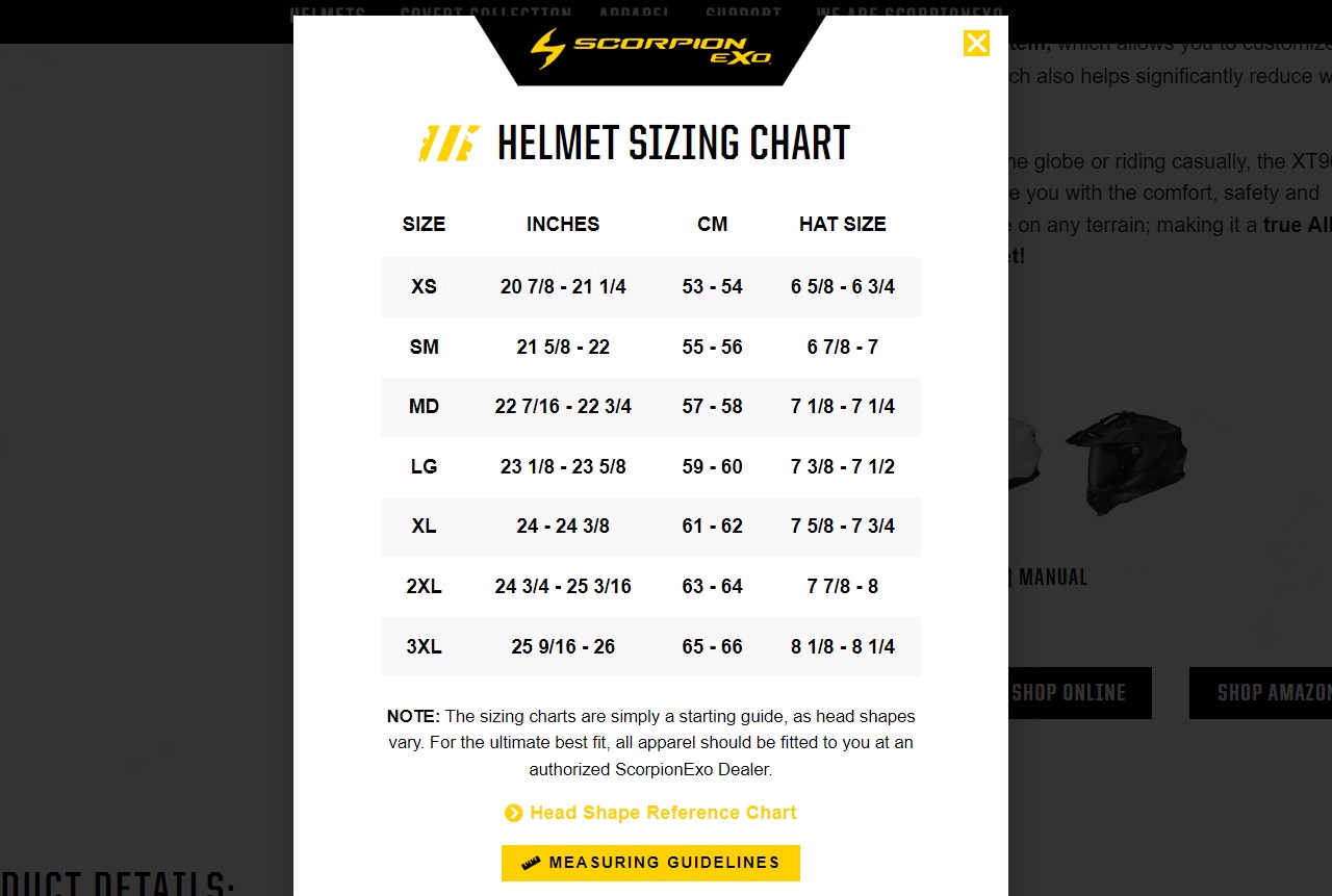 The sizing chart from Scorpion for the EXO XT9000 helmet