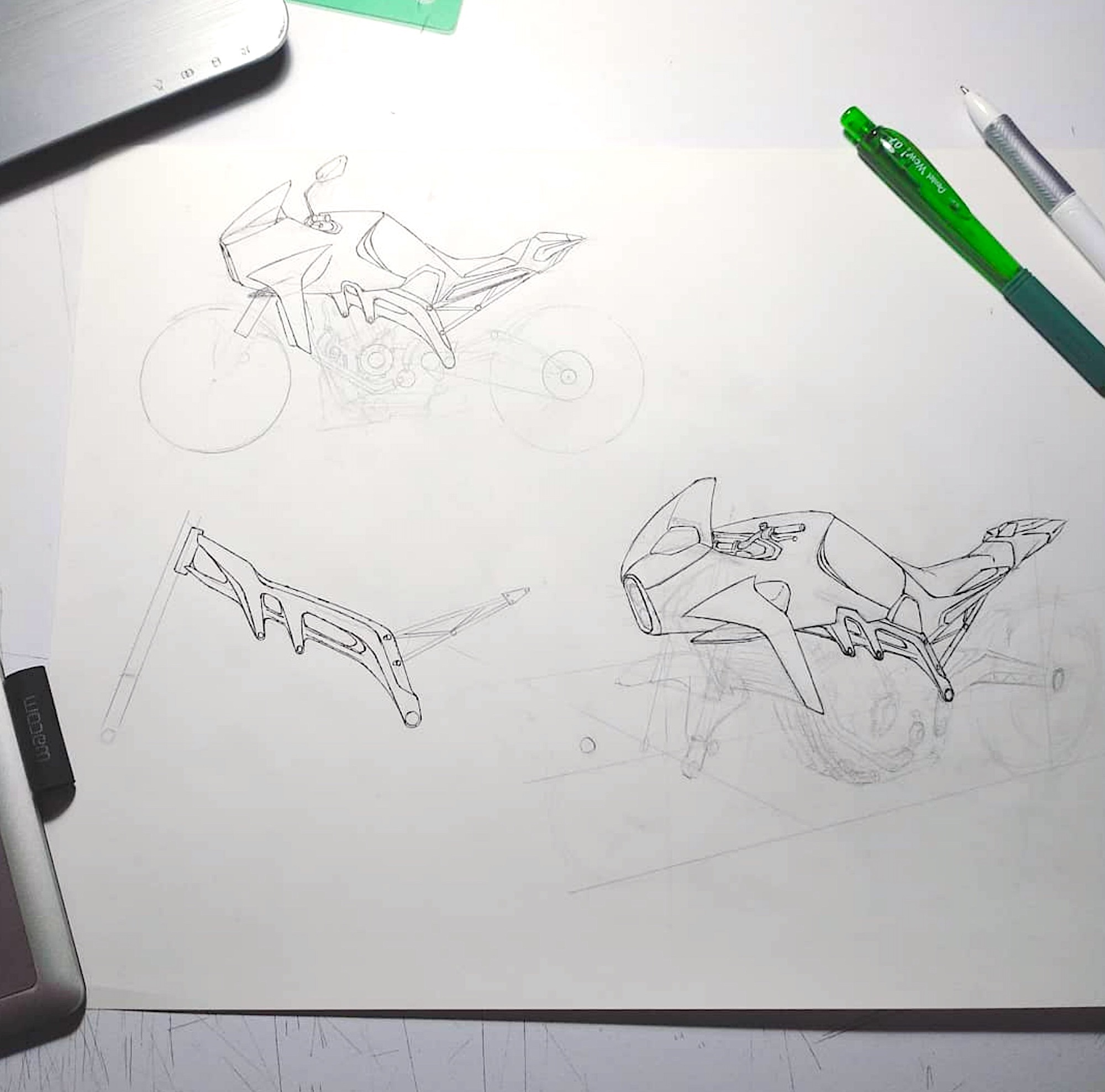 Motorcycle concept sketches, drawn by Gerardo's hand. Media courtesy of Gerardo's team.