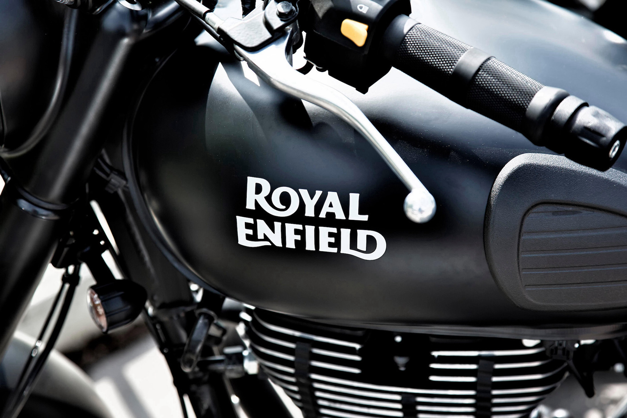 A view of the gas tank of a petrol-powered Royal Enfield. Media sourced from Bloomberg.