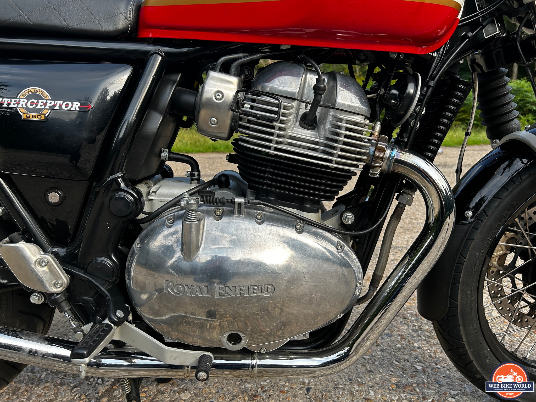 Closeup of the 648cc engine on the Royal Enfield Interceptor 650