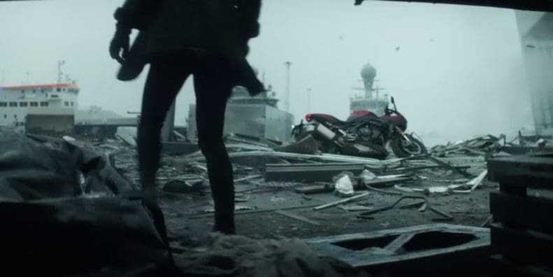 A view of the new Netflix hit "Heart of Stone" (2023), featuring Gal Gadot and her spiffy Speed Triple 1200 RR. Media sourced from Triumph and YouTube, aka Netflix.