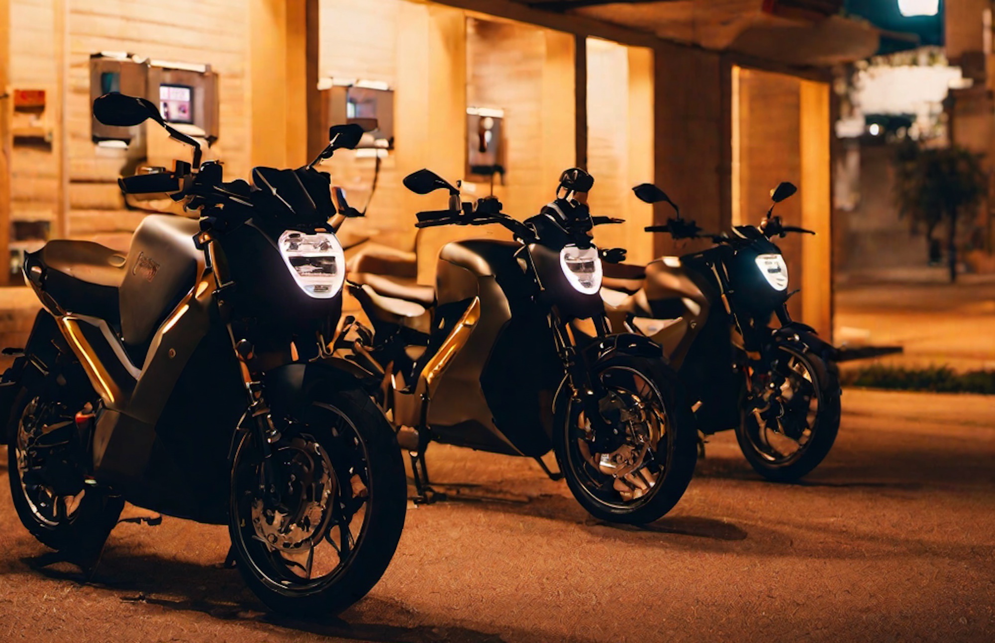 A view of some curated bikes parked in front of a building. Media generated by GenCraft.