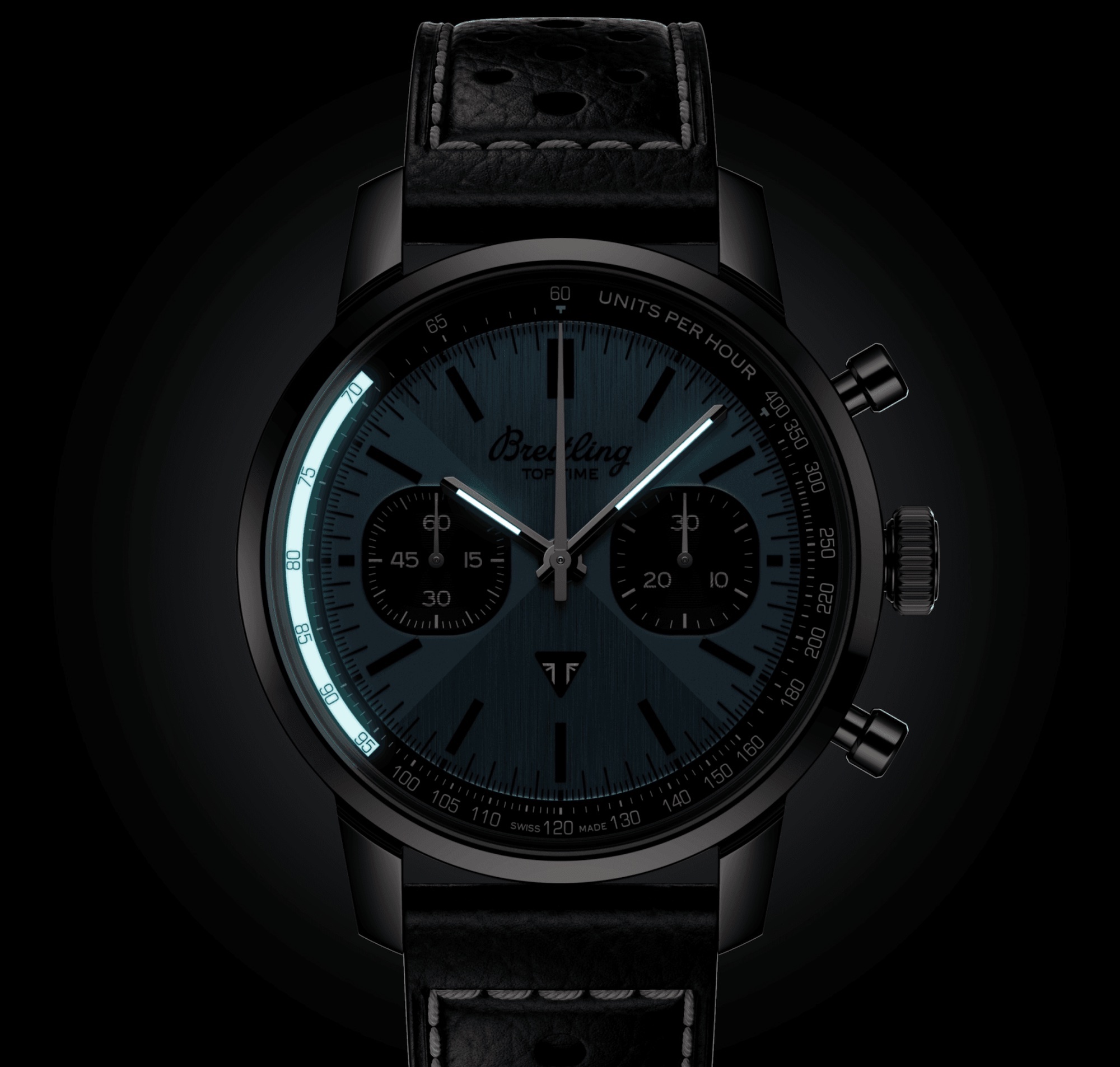 A view of the new chronograph by Breitling and Triumph: The Top Time B01 Triumph. Media sourced from Breitling and WatchTime.