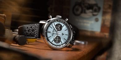 A view of the new chronograph by Breitling and Triumph: The Top Time B01 Triumph. Media sourced from Breitling and WatchTime.